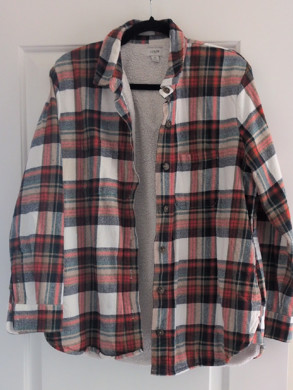 J. Crew Cream Sherpa Lined Jacket with Plaid Trim